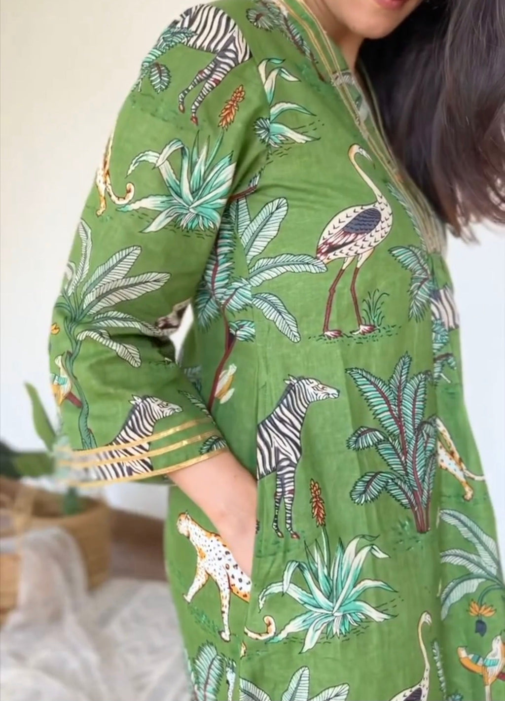 Green and Blue Hand Block Tiger Print Cotton Kurta Set