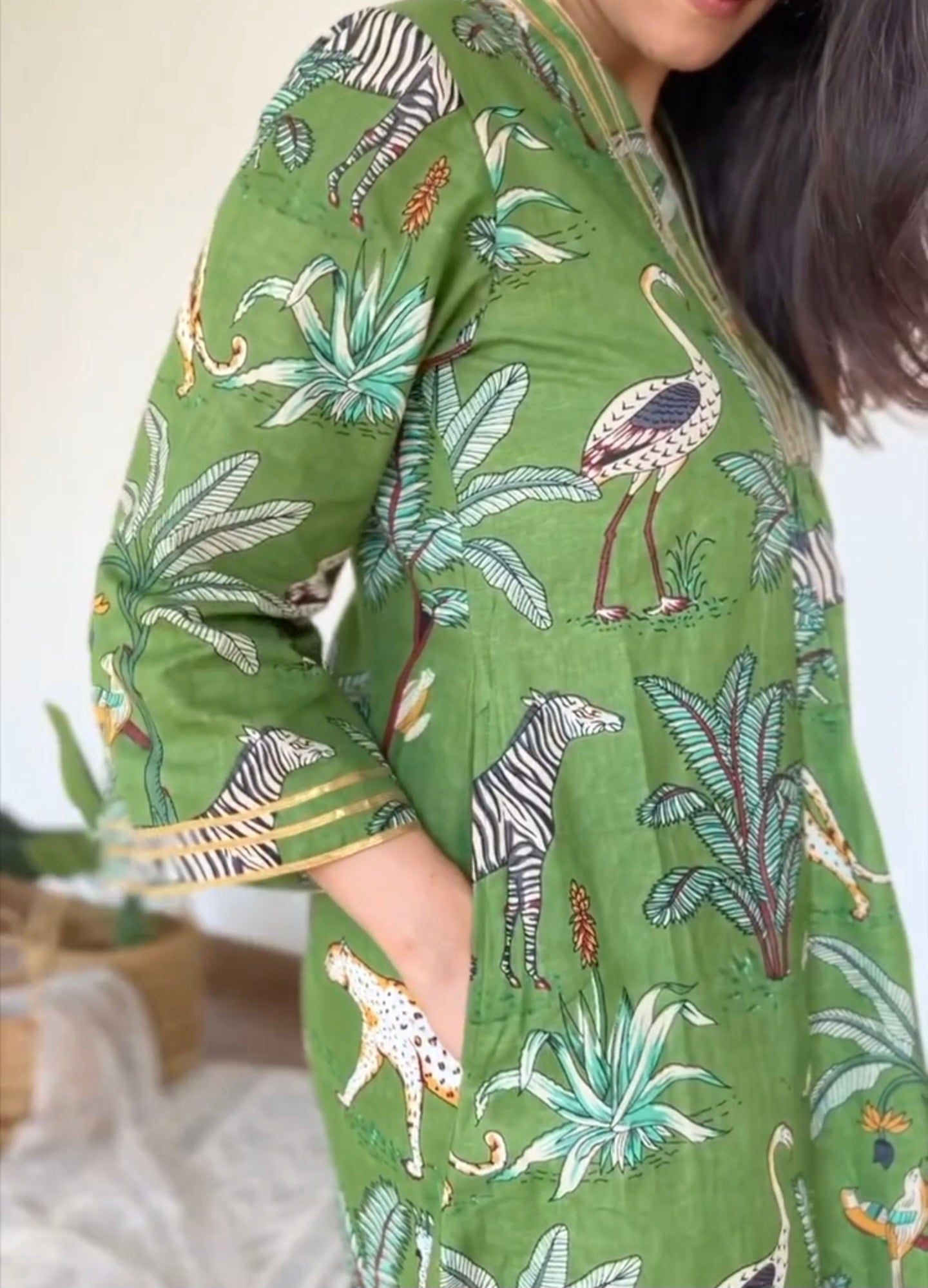 Green and Blue Hand Block Tiger Print Cotton Kurta Set