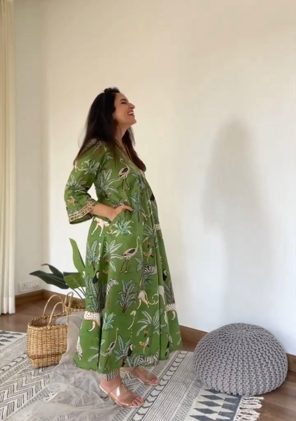 Green and Blue Hand Block Tiger Print Cotton Kurta Set