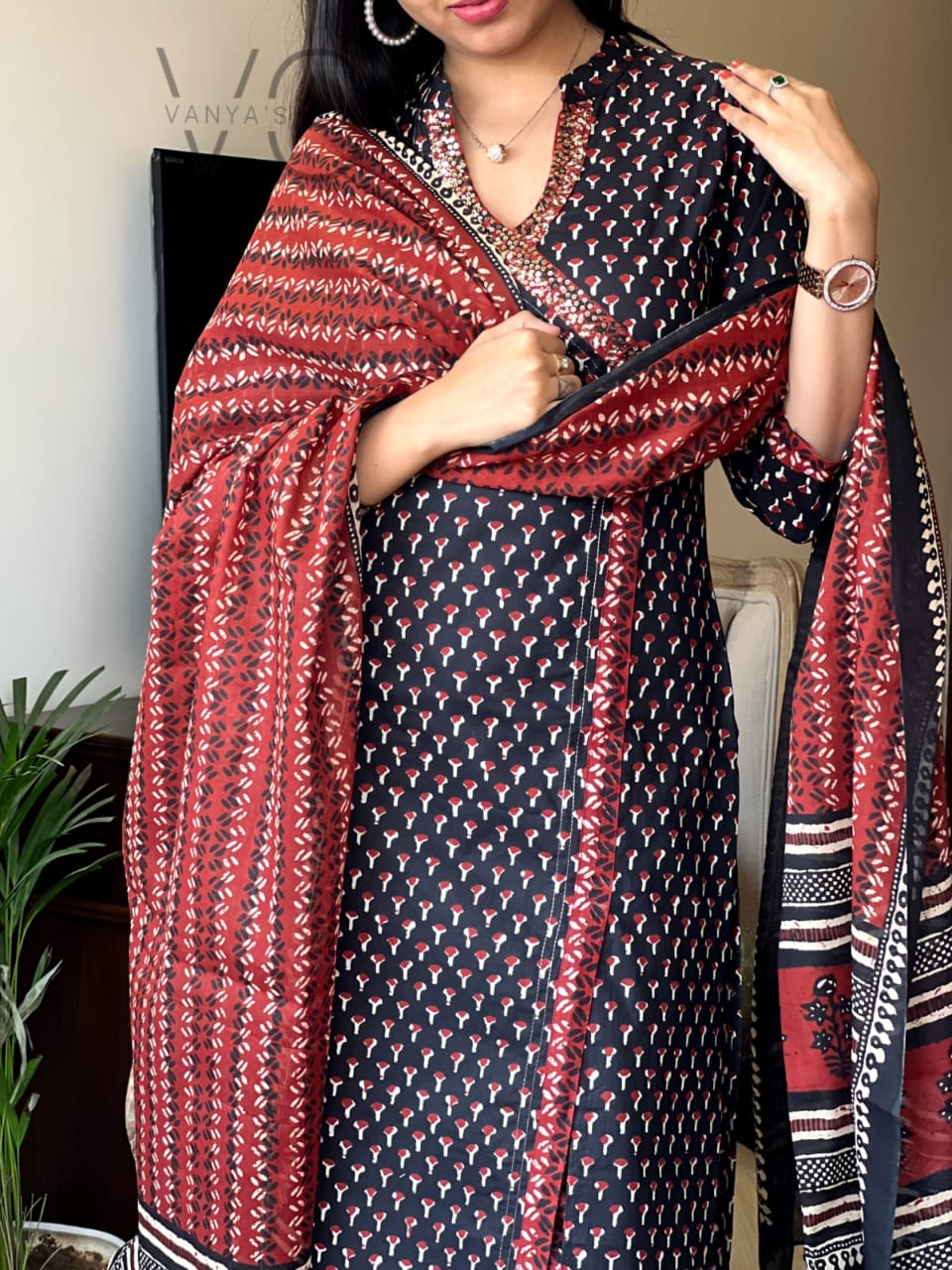 Maroon Black Hand Block Print Angrakha Kurti Set