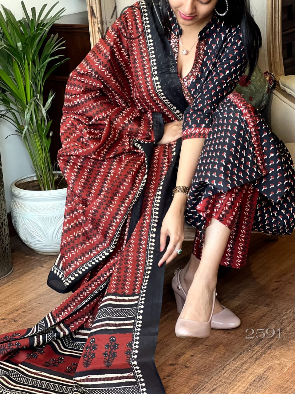 Maroon Black Hand Block Print Angrakha Kurti Set