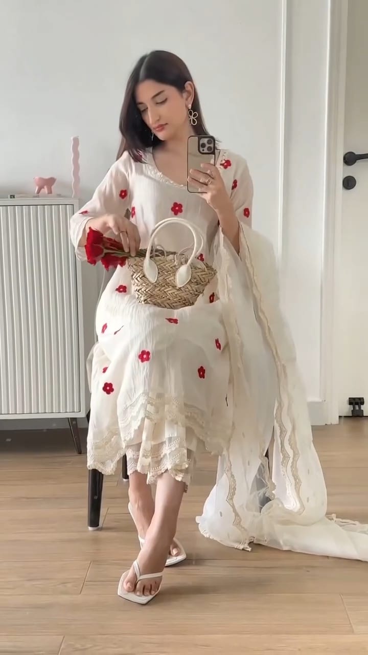 Red Buti Embrodery Mul Cotton Anarkali Dress