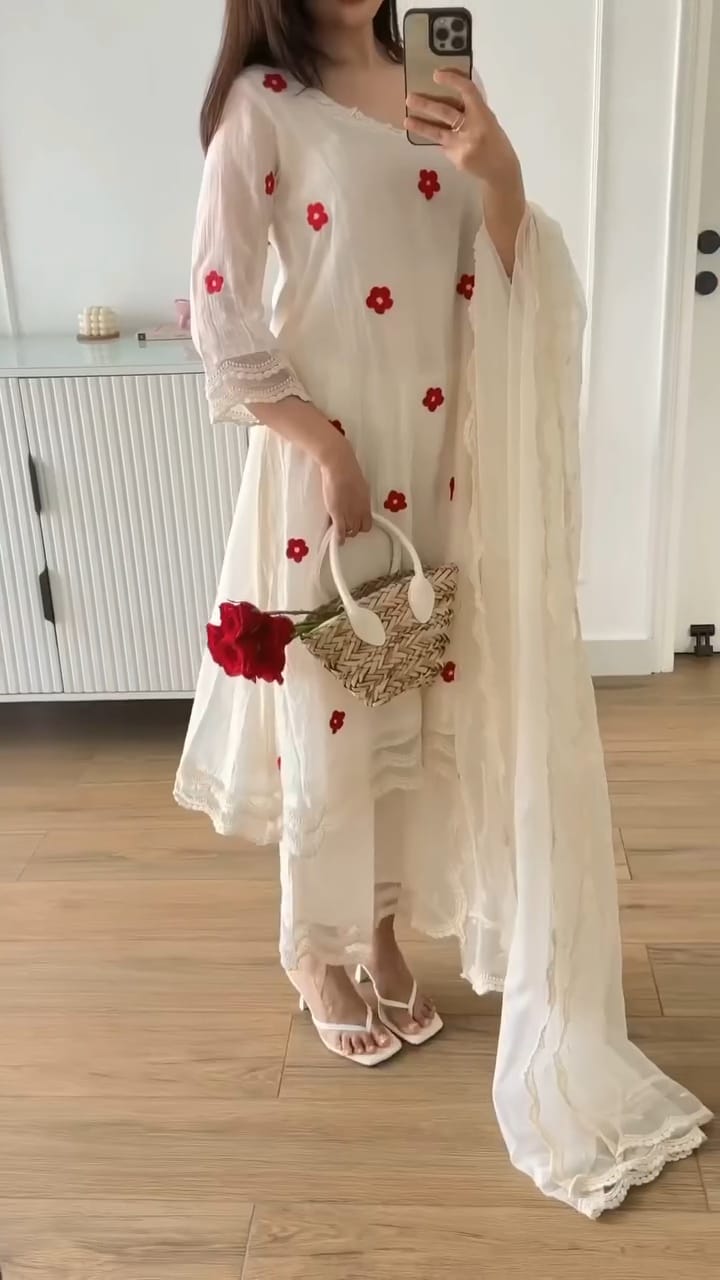 Red Buti Embrodery Mul Cotton Anarkali Dress