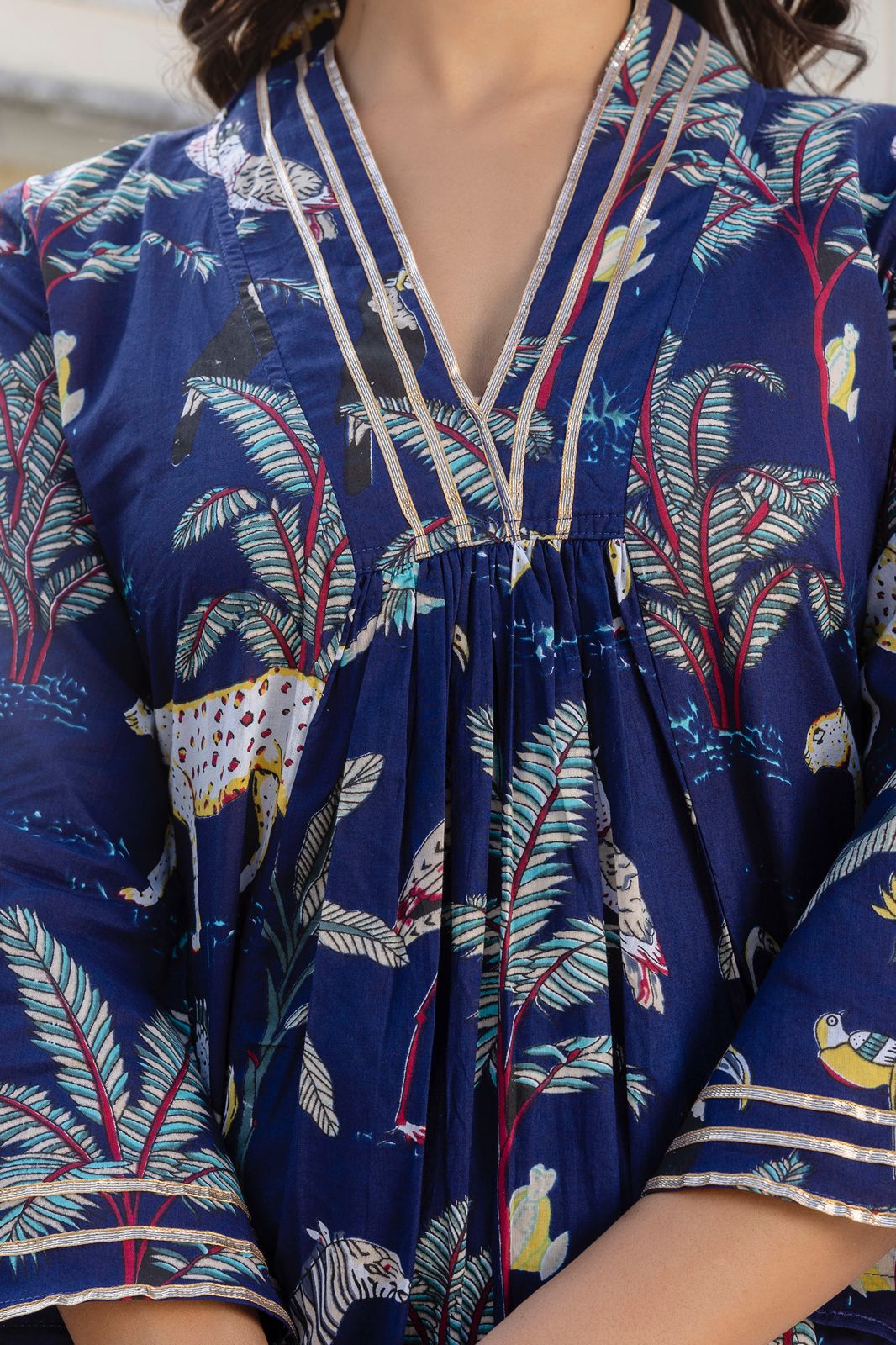 Green and Blue Hand Block Tiger Print Cotton Kurta Set